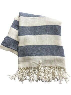 Striped Blue & Cream Turkish Throw Blanket or Towel or Shawl with Fringe